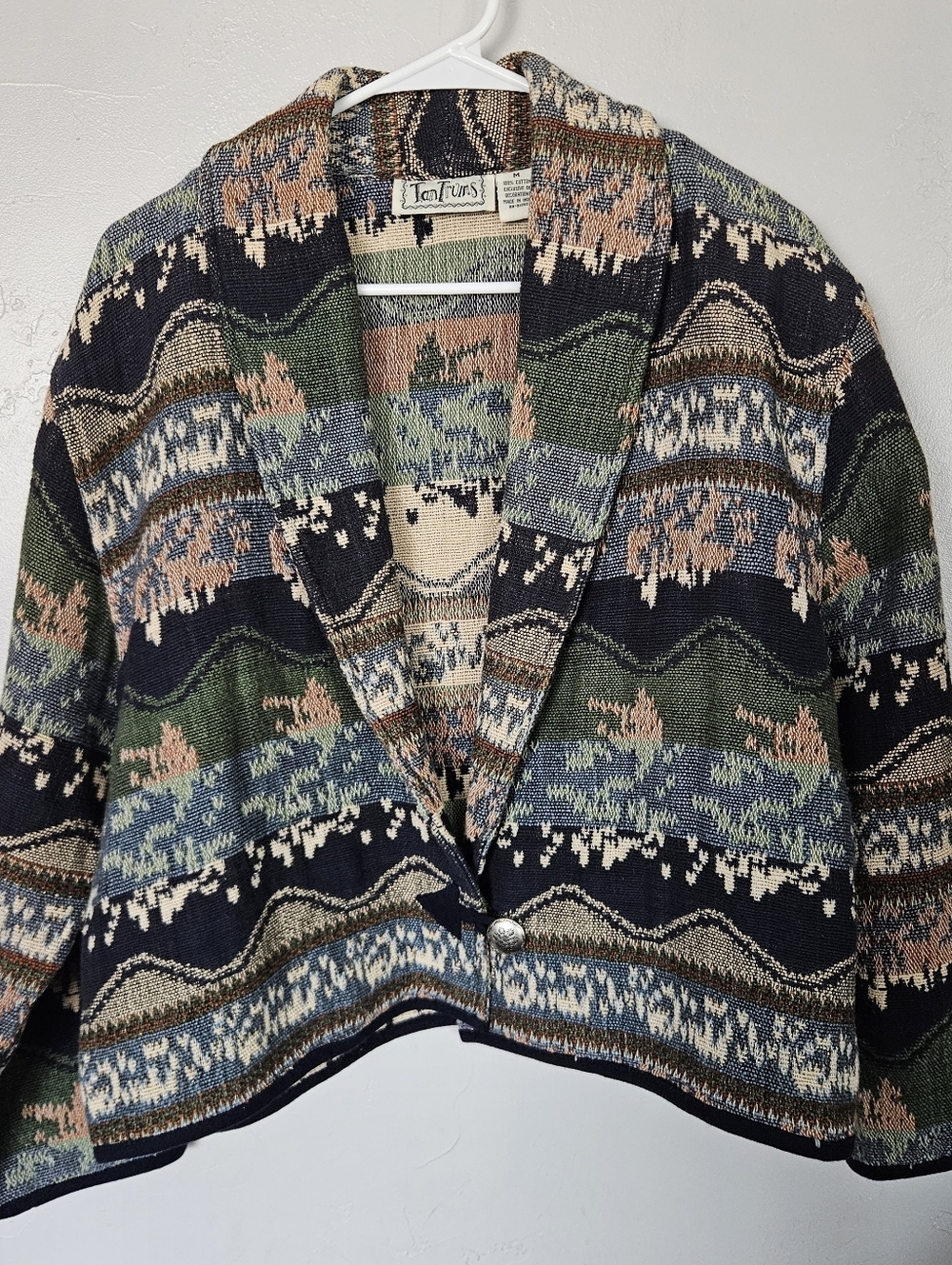 Tantrums Vintage Women's Medium Tapestry Blazer Jacket Blue Green Beige Shawl
